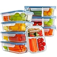 8 Pack Glass Meal Prep Containers 3 Compartment, 36oz Glass Food Storage Containers with Lids, Airtight Glass Lunch Bento Boxes, BPA-Free & Leak Proof (8 lids & 8 Containers) - Blue