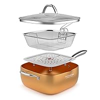 All in One Pan Copper Pan Chef Cookware, 9.5-Inch Nonstick Deep Square Induction Frying Pan with Glass Lid, Stainless Steel Fry Basket, Steamer Rack,Dishwasher Oven Safe,4 PCS Copper Pots Set(Upgrade)