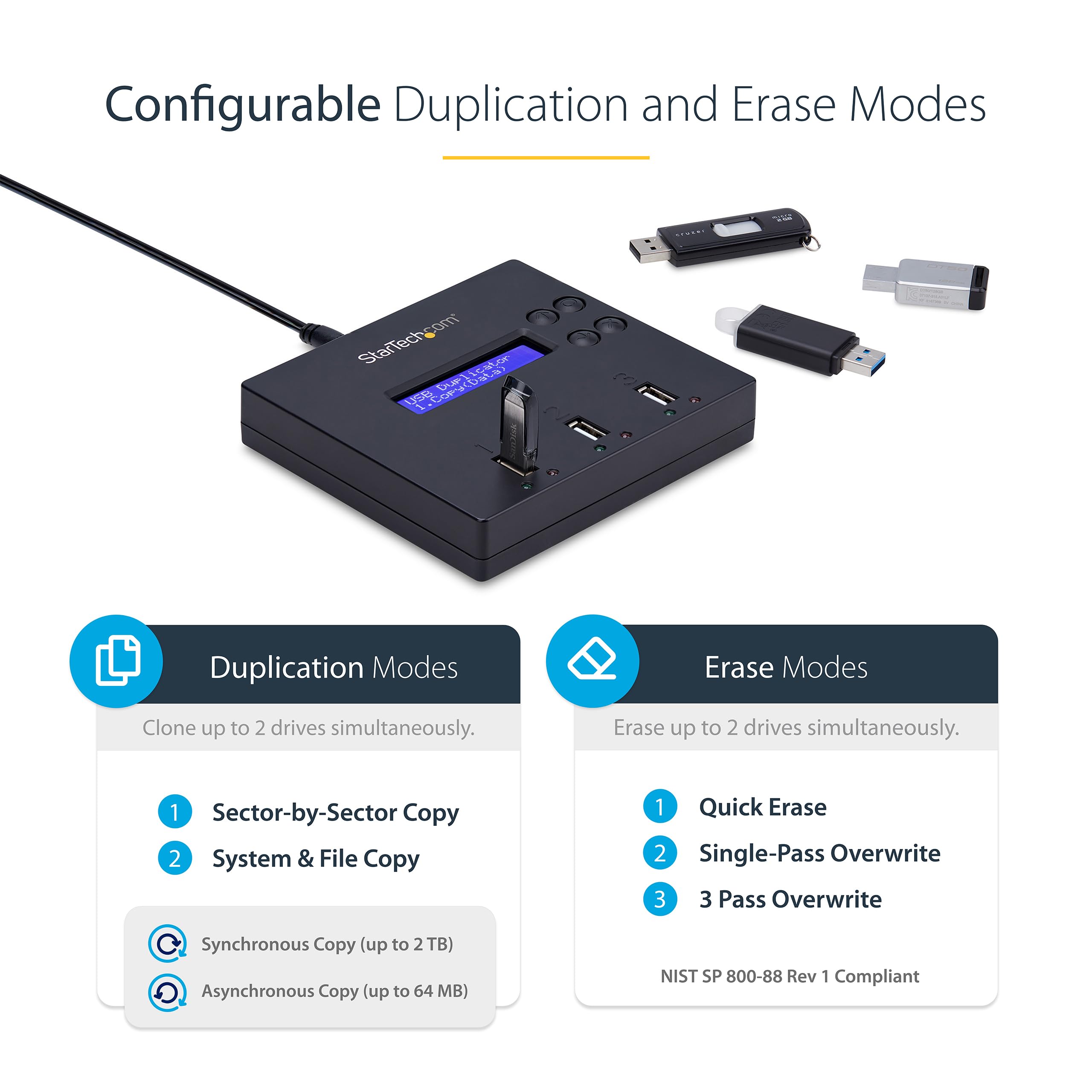 StarTech.com Standalone 1 to 2 USB Flash Drive Duplicator / Cloner / Eraser, Multiple USB Thumb Drive Copier / Sanitizer, System File / Sector-by-Sector Copy, 1.5 GB/min, 3-Pass Erase, LCD (USBDUP12)