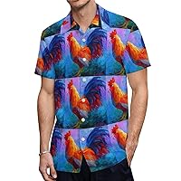 Watercolor Rooster Men's Shirt Button Down Short Sleeve Dress Shirts Casual Beach Tops for Office Travel