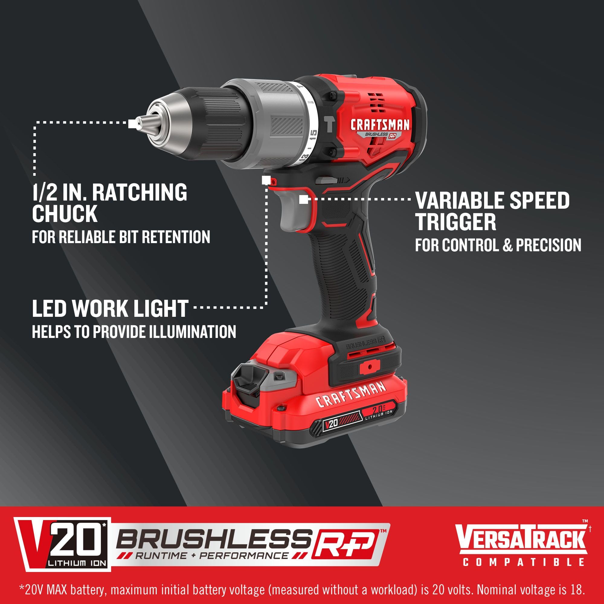 CRAFTSMAN V20 Cordless Hammer Drill Kit, 1/2 inch, 2 Batteries and Charger Included (CMCD732D2)