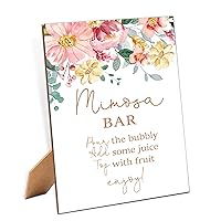 Mimosa Bar Sign - Spring Flowers Bridal Shower Sign, 1 Pack Wooden Sign with Stand, Wedding and Bachelorette Party Table Decor, Floral Bridal Shower Supplies (MC12)