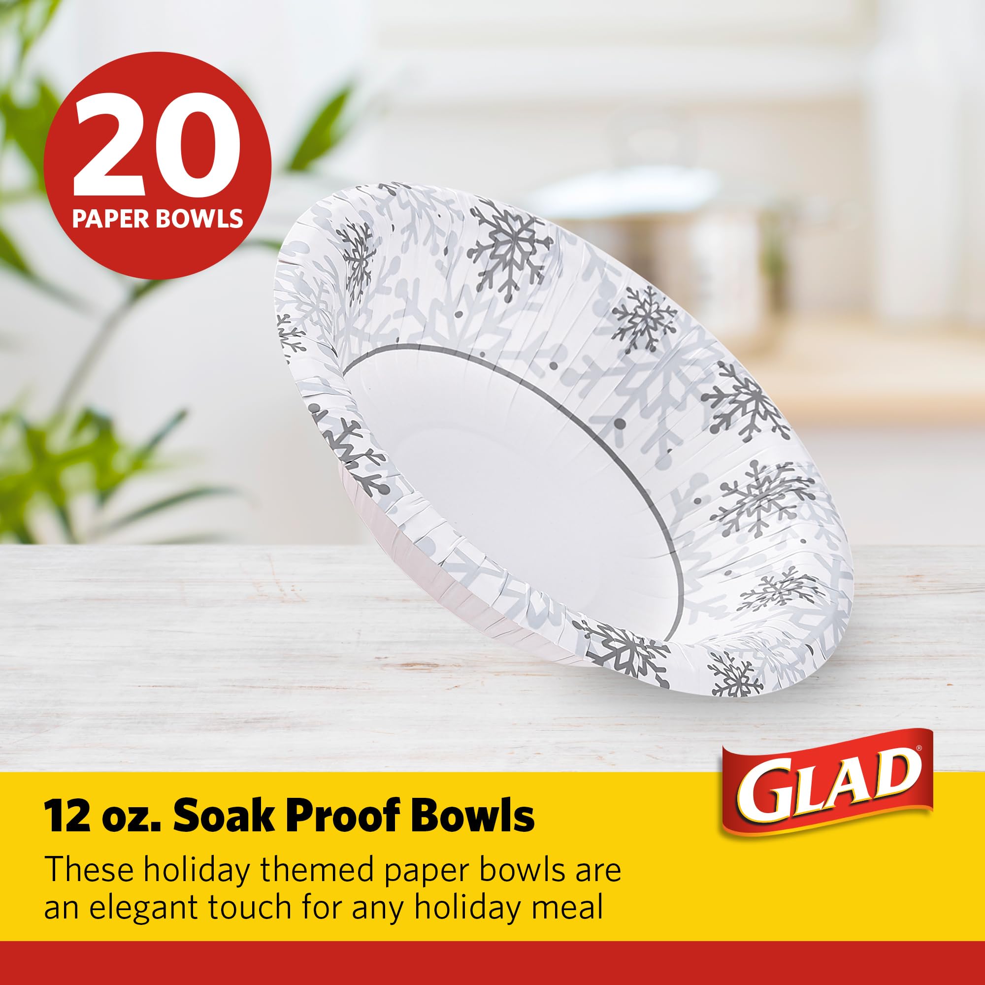 Glad Everyday Disposable Paper Bowls with Holiday Gray Snowflake Design | Heavy Duty Paper Bowls, Microwavable Paper Bowls for Everyday Use | Red Snowflake Holiday Design | 12 Ounces, 20 Count