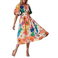 Sissyaki Women's Boho Floral Print Midi Dress Short Sleeve Summer Trending Dress Multi Floral-Print M