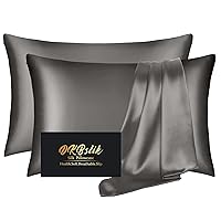 Silk Pillow Cases 2 Pack, Mulberry Silk Pillowcases Standard Set of 2, Smooth, Anti Acne, Beauty Sleep, Both Sides Natural Silk Satin Pillow Cases for Women 2 Pack with Zipper for Gift, Dark Gray