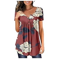 Tops for Women Casual Spring Casual Floral Short Sleeve Henley V Neck Pretty Regular Fit Summer Shirts for Women