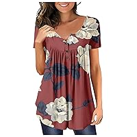 Autumn Formals Modern Top for Women Plus Size Short Sleeve Comfy Tummy Control Tees Floral Henley Ruched