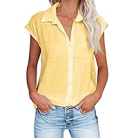 Womens Cotton Linen Button Down Shirt 2024 Casual Short Sleeve Plain Solid Color Shirts Loose Work Tops
