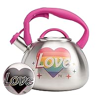 Paris Hilton Whistling Stovetop Tea Kettle, Stainless Steel with Rainbow Love Color Changing Heat Indicator Design, Soft Touch Handle, 2.5-Quart, Love Rainbow