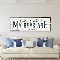 NATVVA Personalized Family Sign Poster Home Is Where My Boys Are Decor Family Name Sign Home Wall Art Home Canvas for Bedroom, Living Room, Play Room, Family and Entertainment Room, Man Cave No Frame