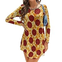 Pepperoni Pizza with Tomatoes Women's Round Neck Long Sleeve T-Shirt Loose Dress Casual Irregular Hem Mini Dress