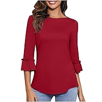 Womens Ruffle 3/4 Sleeve Shirts Summer Fashion Tunic Tops Round Neck Casual Loose Fit Comfy Tees Blouse