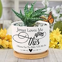 Jesus Loves Me This I Know for The Bible Tells Me So Planter Ceramic Family Phrase Round Flower Pots with Drainage Holes and Bamboo Tray Succulent Planters for Indoor Outdoor Garden