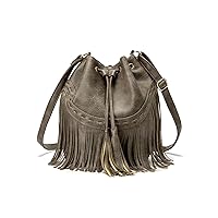 Gladdon Leather Bucket Bags for Women Crossbody Purses with Drawstring Ladies Tassel Hobo and Shoulder Handbags Grey