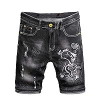 Men's Chinese Style Embroidery Dragon Shorts,Slim Knee Length Personality,Frayed Black Stretch Cotton Jeans