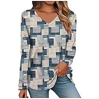Sexy Tops for Women,Tops for Women Long Sleeve V Neck Retro Printed Loose Fit Tunic T Shirts 2024 Summer Fashion Cute Tee Blouse Cami Tops for Women