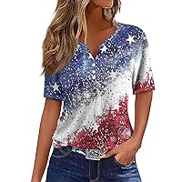 American Flag T Shirt Patriotic Shirts for Womens, Casual Button V-Neck Short Sleeve Tops Stars Stripes Tunic Tees