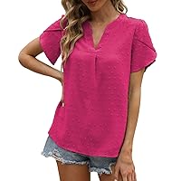 Women's Summer Petal Sleeve Tops V Neck Casual Dressy Shirts Fashion Business Blouses Eyelet Embroidery Tunic Tops