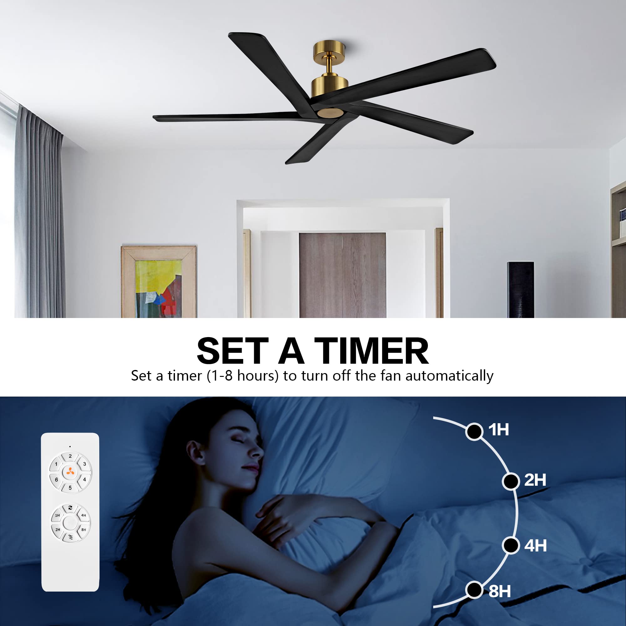 WINGBO 64 Inch DC Ceiling Fan without Lights, 5 Reversible Carved Solid Wood Blades, 6-Speed Noiseless DC Motor, Ceiling Fan No Light with Remote, Brass Finish with Black Blades, ETL Listed