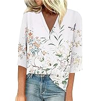 Women's 3/4 Length Sleeve Tunic Tops V-neck Blouses Fashion Casual Loose 2024 Summer Floral Printed T-Shirts