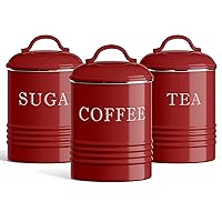 Barnyard Designs Red Canister Sets for Kitchen Counter, Vintage Country Rustic Farmhouse Decor for the Kitchen, Coffee Tea Sugar, Metal