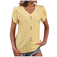 Women Fashion Textured Petal Short Sleeve Eyelet Tops Summer Button Decoration Casual V Neck Solid Pullover T-Shirts