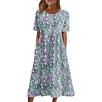 Midi Classic Independence Day Dress for Womens Pub Short Sleeve Cotton Comfy Ladies Ruched Scoop Neck Printed Turquoise 3XL