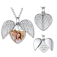 FindChic Personalized Heart Photo Angel Wings Locket Necklace Sterling Silver/Stainless Steel/18K Gold Plated Dainty Custom Full Color Picture Pendant Memorial Jewelry Gift for Girls Family + Gift Box