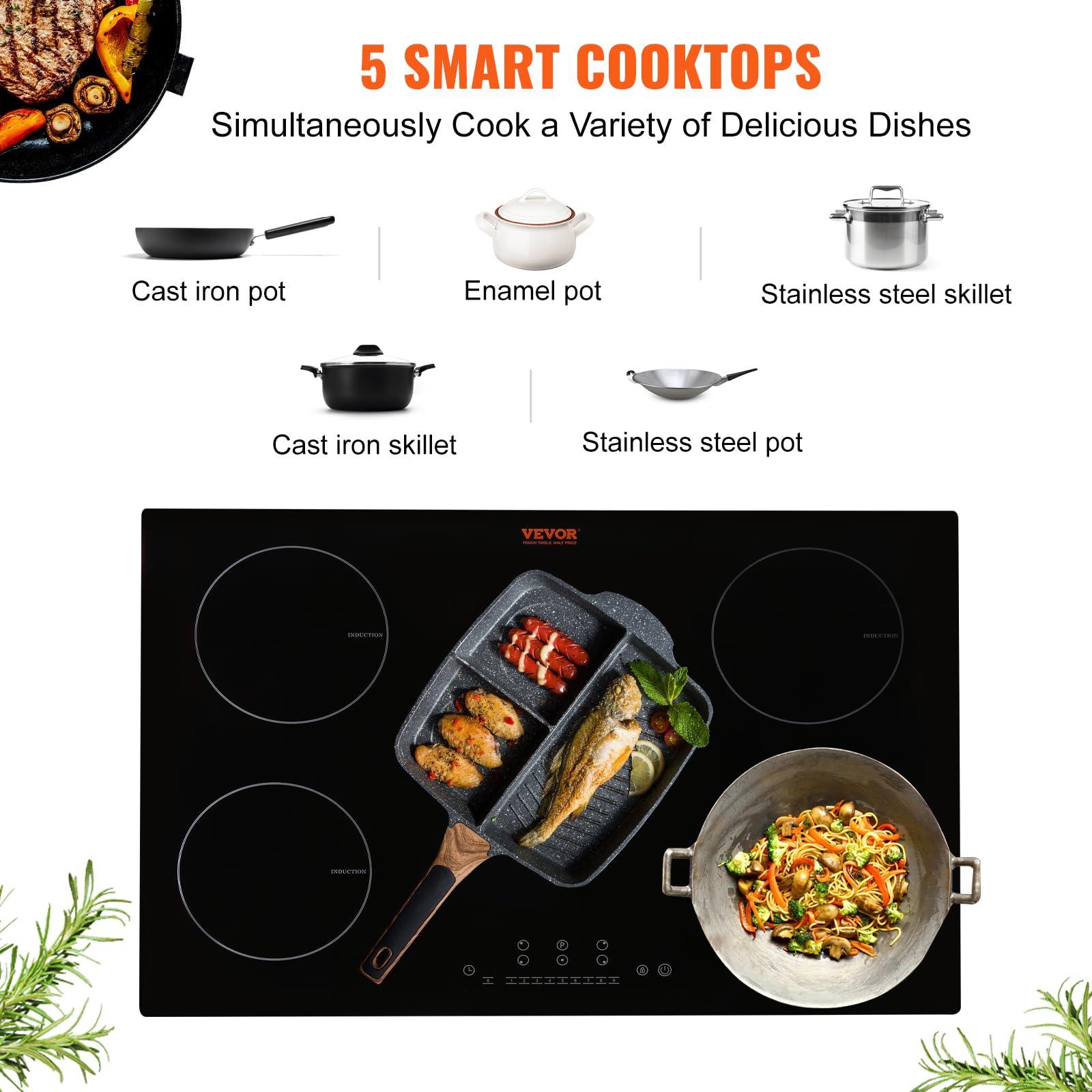 VEVOR Electric Cooktop, 5 Burners, 30'' Induction Stove Top, Built-in Magnetic Cooktop 9200W, 9 Heating Level Multifunctional Burner, LED Touch Screen w/Child Lock & Over-Temperature Protection