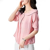 Chiffon Tops for Women, Casual Crewneck Puff Short Sleeve Pleated Pearl Button Patchwork Blouses Elegant Work Shirts