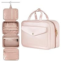 MATEIN Travel Toiletry Bag for Women, 9L Faux Leather Hanging Makeup Bag with Metal Snap Handle, Large Waterproof Cosmetic Bags Multiple Traveling Organizer Container for Toiletries Accessories, Pink