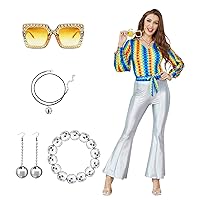 Joy Bang 70s Costumes for Women, 60s Disco Outfits Tops and Sliver Bell Bottom Pants for Halloween Party, Hippie Clothes