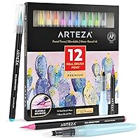 ARTEZA Real Brush Pens, Set of 12, Pastel Tones, Blendable Watercolor Markers and 1 Water Brush, Art Supplies for School, Home, and Office