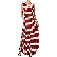 TheMogan S~3X Sleeveless Loose Striped Curved Slit Hem Long Maxi Dress w Pocket
