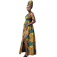 African Dresses for Women, Crewneck, Sleeveless, Floor-Length, Cotton High Slit Dress with Turban Headwrap