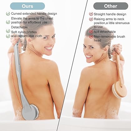 Back Brush Long Handle for Shower, 20.5” Bath Brush, Back Scrubber, Shower Body Brush with Curved Handle for Elderly Disabled, Limited Mobility, Frozen Shoulder,Men and Women