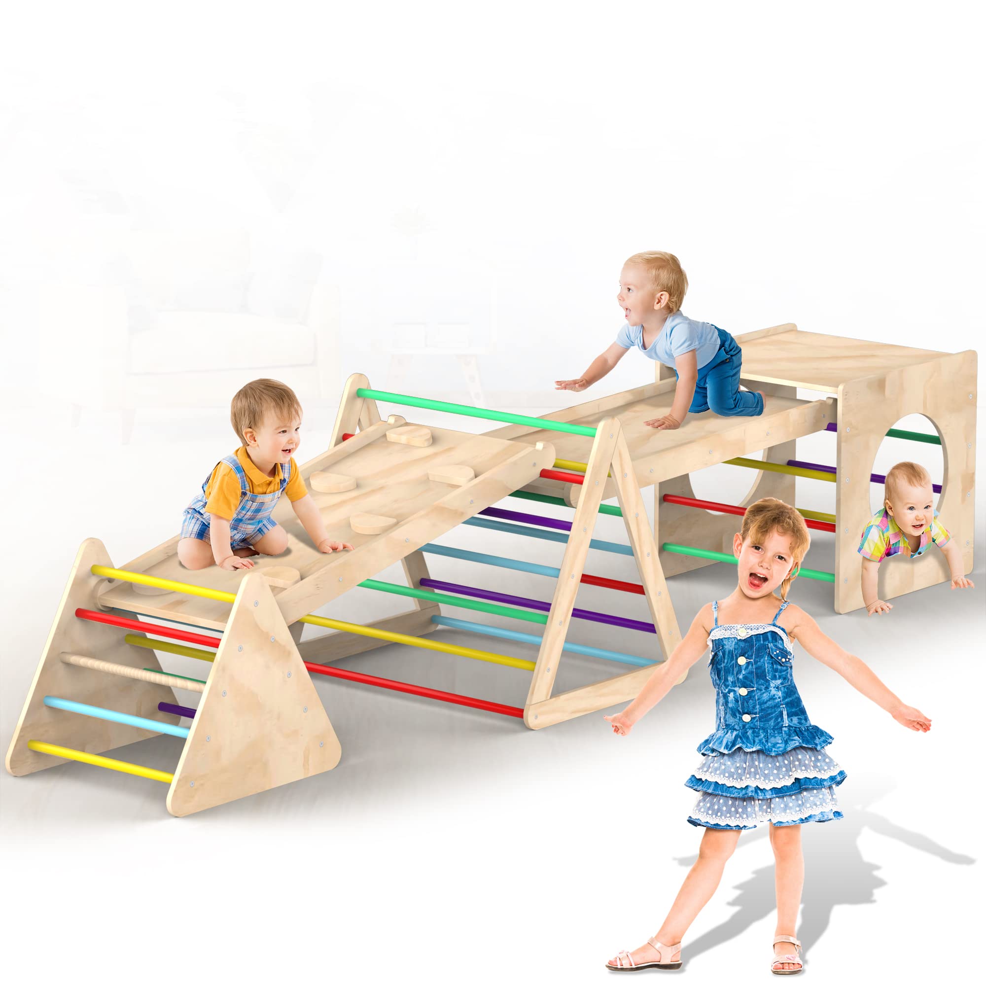 Beeneo Climbing Toys for Toddlers, Montessori Wooden Triangle Climbing Toys with Reversible Ramp, Toddler Climbing Toys Indoor, 5PCS Wooden Montessori Play Gym Climbing Toys for Toddlers, Multicolor