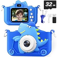 Dinosaur Kids Camera for Boys Girls, 48MP HD Digital Video Camera for Toddlers Birthday Gifts Toys Childs Kids Selfie Camera with 32GB Card, Built-in Puzzle Games for 3 4 5 6 7 8 9 Years Old (Blue)