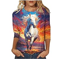 Prime of The Day Deals Summer Tops for Women 2024 Trendy 3/4 Length Sleeve Tunic Shirts Casual Western Horse Print T Shirts Dressy Going Out Workout Vacation Crewneck Pullover Blouse Plus Size