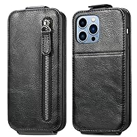 Vertical Zipper up Down Flip PU Leather Card Case for iPhone 15 14 13 12 11 Pro Max 15 14 Plus Vintage fold and Down Cover,Black,for iPhone 15 Pro
