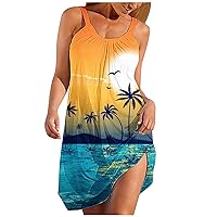 Women Beach Vacation Tunic Dress Funny Palm Print Casual Sundress Sleeveless Boat Neck Casual Mini Cami Dresses