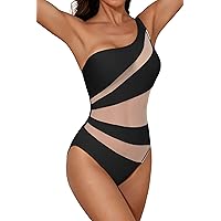 B2prity Women's One Piece Swimsuits One Shoulder Cut Out Bathing Suit Tummy Control Colorblock Mesh Swimwear