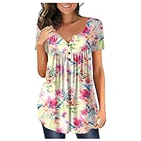 Womens Summer Tops Henley Shirt V Neck Buttons Pleated Flared Plus Size Blouses Cute Tops for Women