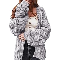 Women's Oversize Solid Color Cardigan Knit Casual Wrap Long Pom Pom Cable Knit Loose Open Knitted Sweet Chunky Sweater