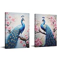 GLOKAKA Peacock Wall Art Set of 2 Elegance Peacock Canvas Wall Art Blue Peacock with Pink Floral Print Painting Beautiful Animal Artwork for Bedroom Living Room Decor