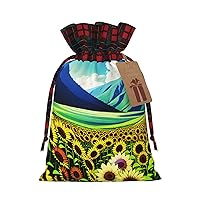 MIXMEY Sunflowers Over The Mountain And Fields Print Christmas Gift Bags Xmas Present Bags With Gift Tag Candy Bags For Wrapping Gifts For Halloween Birthday Wedding (S/M)