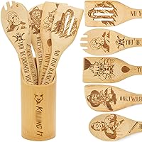 6Pcs Horror Movie Character Cooking Gift Set Wooden Spoons Utensils with Matching Holder - Halloween Movie Merchandise Laser Engraved Bamboo Spoons Set for Horror Movie Gifts, Horror Movie Party Decor