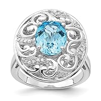 925 Sterling Silver Blue Topaz and Diamond Ring Measures 4mm Wide Jewelry for Women - Ring Size Options: 6 7 8 9
