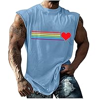 Men Rainbow Heart Print Tank Tops Summer Sleeveless Tee Breathable Quick Dry Crew Neck Workout Shirt Casual Beach Top