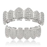 Moca Jewellery Hip Hop Unisex 18 Carat Gold-Plated Iced Out CZ Simulated Diamond Top Bottom Teeth Grill Set for Men Women silver